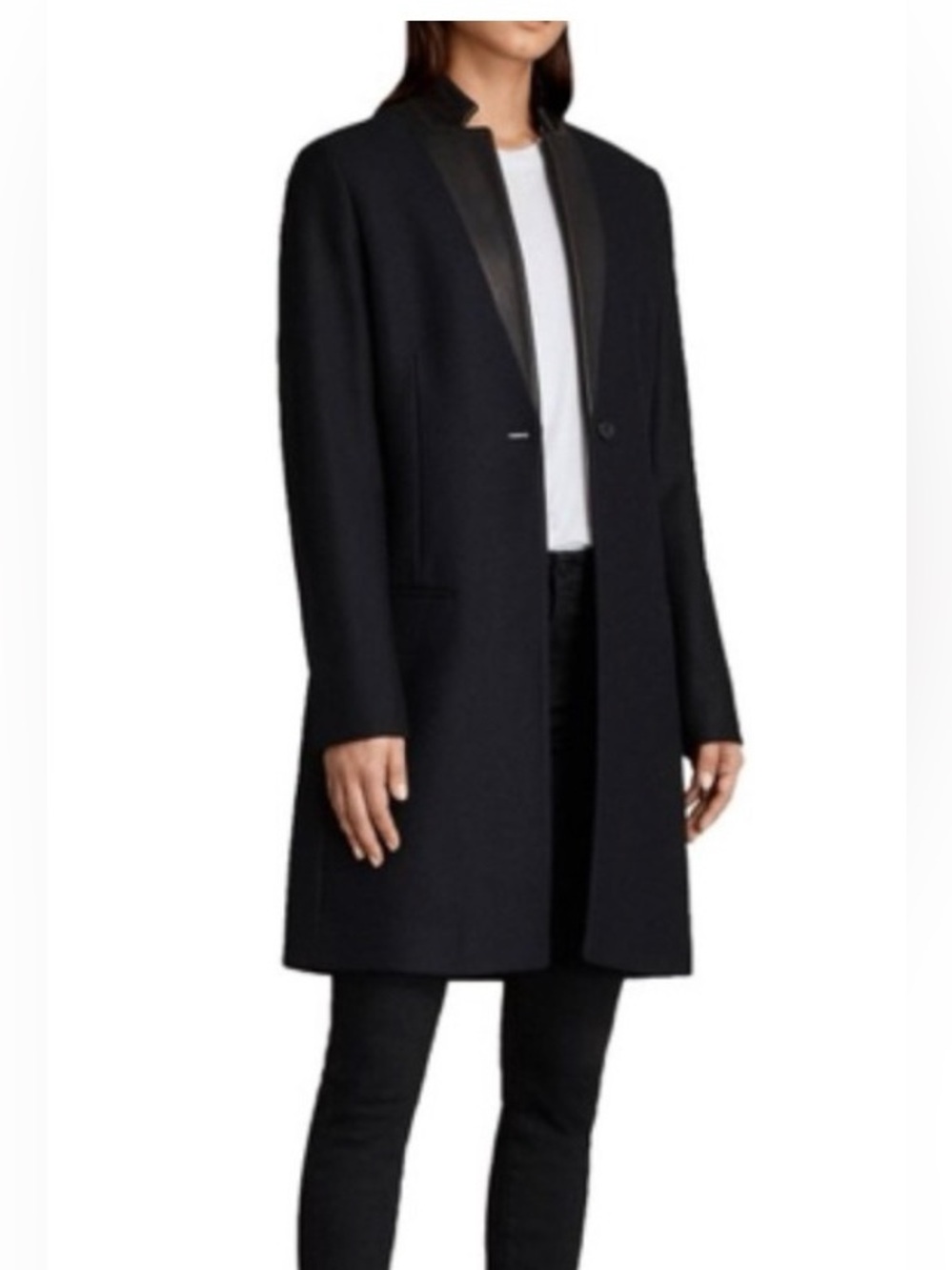 All Saints Classic Black Women's Coat with Leather Trim